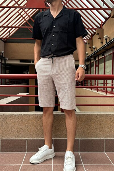 inpool Чоловічі шорти з смужками, гофрованою талією та еластичним поясом, прямий крій 215