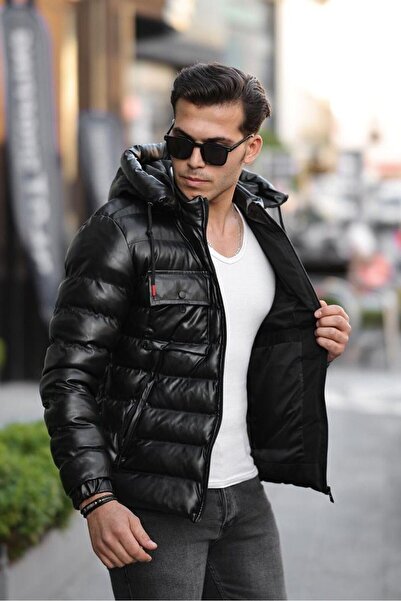 inpool Bărbați, Rezistent la apă și vânt, Glugă detașabilă, Palton din piele