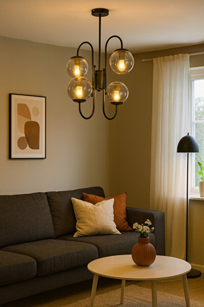 Modavize Rüya Modern Tasarım Salon Yemek Odası Mutfak Siyah Renk Füme Camlı Sarkıt 4 Lü Avize