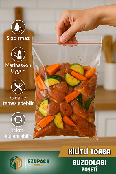 Ezupack 100'lü Buzdolabı Kilitli Torba Poşet Dondurucu İkramlık Çerez Davet Kına Hediyelik Poşeti 19x25cm