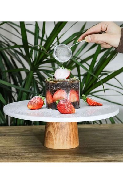 Gemboss Faralya Home Natural Marble Standy Cake Stand with Wooden Legs 28 cm