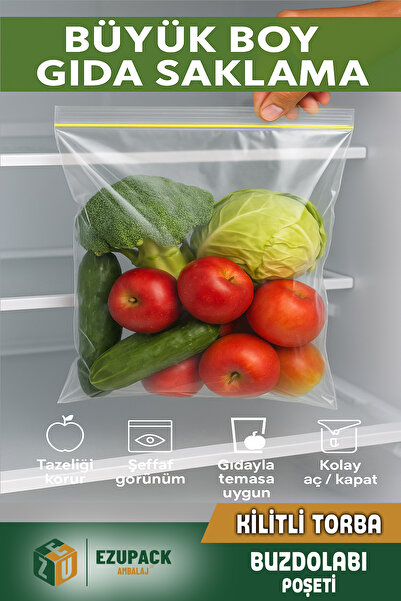 Ezupack 100'lü Buzdolabı Kilitli Torba Poşet Dondurucu İkramlık Çerez Davet Kına Hediyelik Poşeti 19x25cm