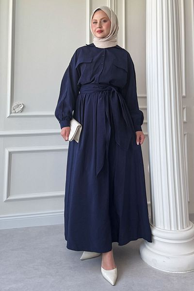 InStyle Double Pocket Balloon Sleeve Navy Blue Skirt Suit