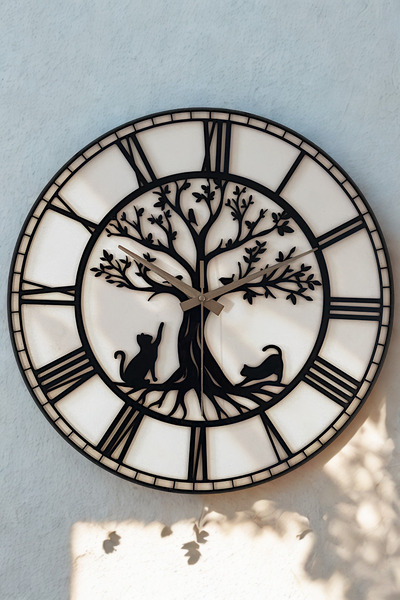 Home Gift Modern Decorative Wooden Wall Clock with Tree of Life and Cat - Silent Movement - (40cm)