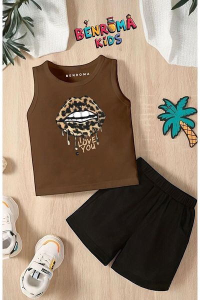 BENROMA Leopard Lip Printed Shorts Tee Unisex Children's Set