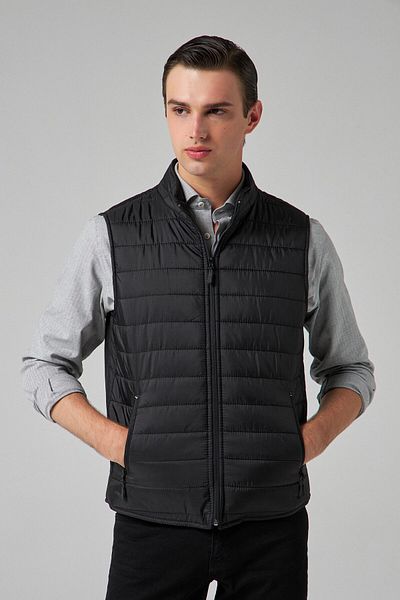 D'S Damat Ds Damat Regular Fit Black Stand Collar Fiber Padded Seasonal Zippered Puffer Vest Coat