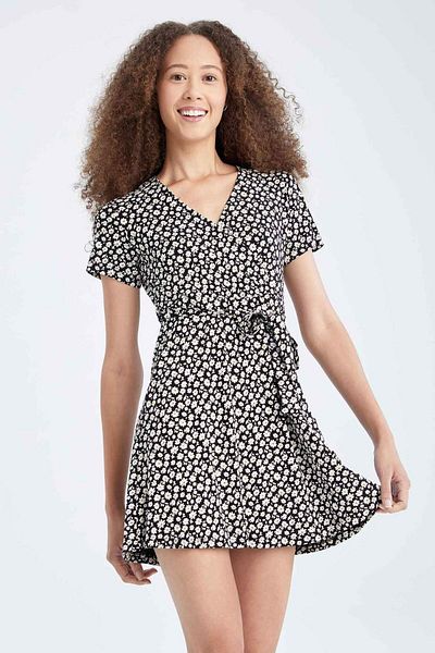 DeFacto A-Line Wrap Neck Print Mini Short Sleeve Dress L1445Az21Sp
