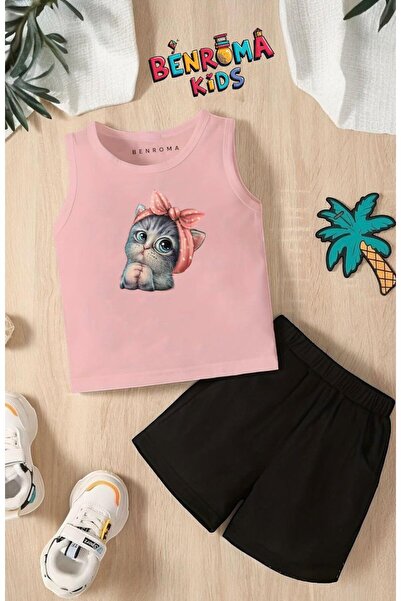 BENROMA SET UNISEX PENTRU COPILI MİNNOŞ CAT PRINTED SHORTS T-SHIRT
