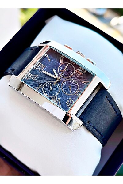 Weluxa ساعة يد رجالية ذات هيكل فضي اللون وحزام جلدي باللون الأزرق الداكن