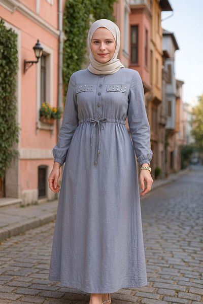 Neva Style Buttoned Gray Hijab Dress 17131Gr