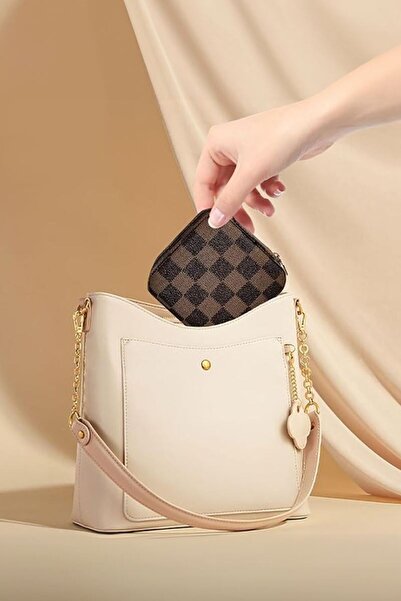 Chavin Brown Checkerboard Pattern Leather Travel Ring Earrings Necklace Jewelry Box st1-66khv