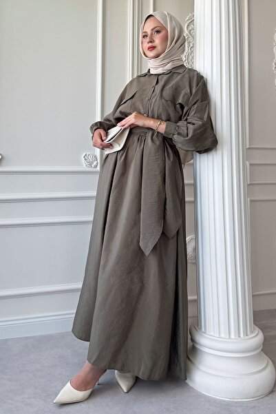 InStyle Double Pocket Balloon Sleeve Khaki Skirt Suit