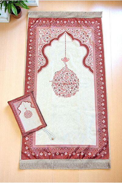 ihvan online Portable Pouch Mihrap Patterned Silk Textured Velvet Prayer Rug Red