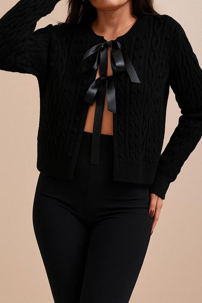 tofan Women's Black Knitted Crop Cardigan - Ribbon Detail