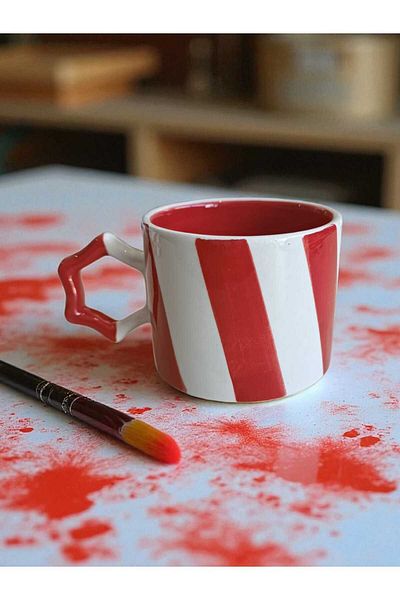 Simge Seramik 2 Pcs Handcrafted Stripe Two Colors Natural Ceramic Mug Mug Tea / Cappuccino Cup
