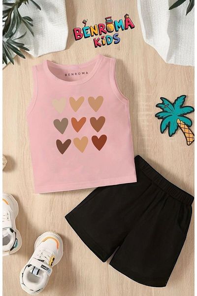 BENROMA Row of Heart Printed Shorts Tee Unisex Children's Set