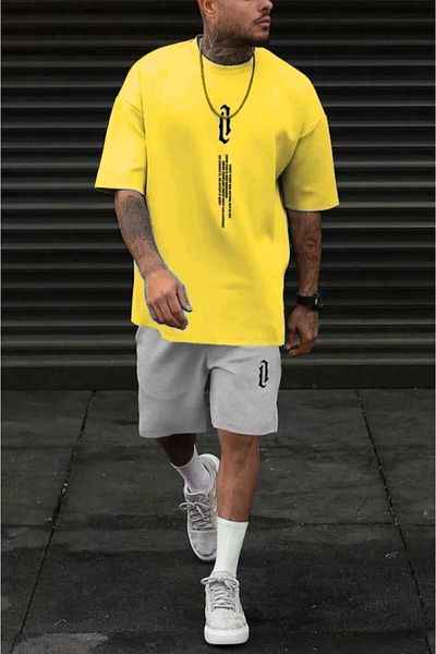 CLAYES Yellow Gray Vertical T-Shirt and Shorts Set - Oversize Crew Neck Printed