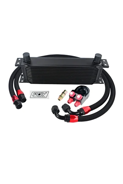 PQY BLACK 13ROWS 6723BK Universal 13 Rows Oil Cooler Kit + Oil Filter Sandwich Adapter + Nylon Stainless