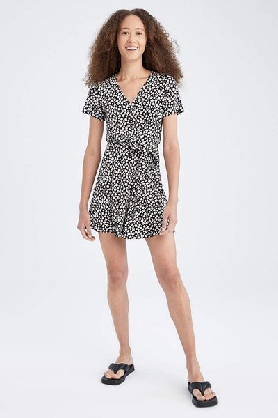 DeFacto A-Line Wrap Neck Print Mini Short Sleeve Dress L1445Az21Sp