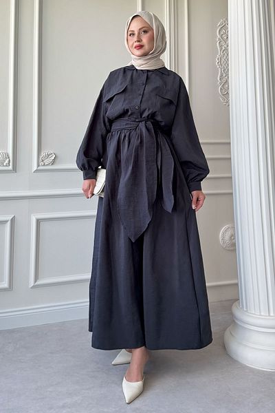 InStyle Double Pocket Balloon Sleeve Anthracite Skirt Suit