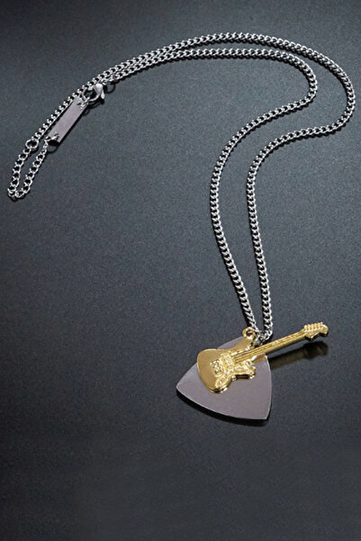 Chavin Pena Gitar Gri Gold Çelik Erkek Kadın Kolye ei89by