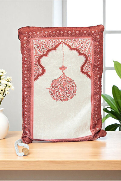 ihvan online Portable Pouch Mihrap Patterned Silk Textured Velvet Prayer Rug Red