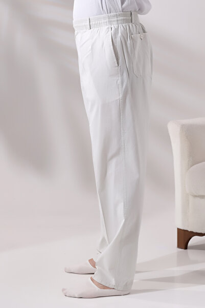 ihvan online Erkek Açık Gri Rahat Kesim Beli Lastikli Keten Hac ve Umre Şalvar Pantolon