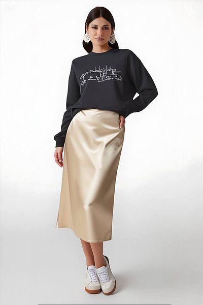 hazelin Women's Cream Satin Surface Elastic Waist Midi Length Skirt Hzl23s-bd1101471