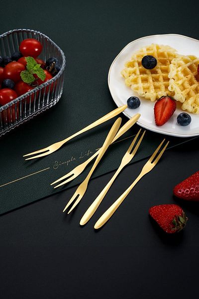 Chavin 304 Steel 12 Pieces Gold 13 cm Two Teeth Fruit Dessert and Cake Fork Cin576Sr-12