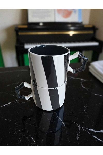 Simge Seramik 2 Pcs Handcrafted Stripe Two Colors Natural Ceramic Mug Mug Tea / Cappuccino Cup
