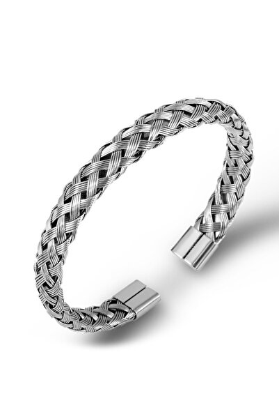 Chavin 6 mm. Gri Örgü Kelepçe Çelik Erkek Bileklik ec53by