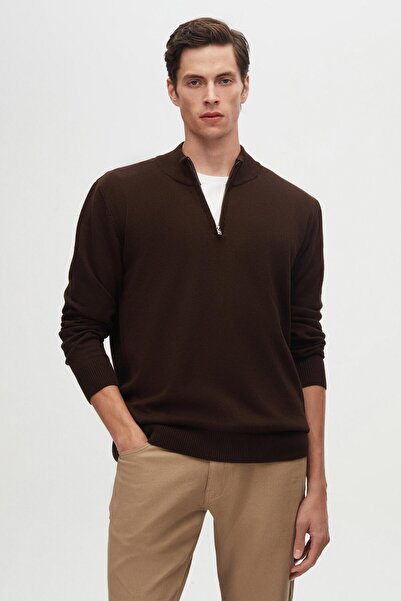 D'S Damat Πλεκτό πουλόβερ Ds Damat Slim Fit καφέ με μισό φερμουάρ
