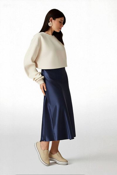 hazelin Women's Navy Blue Satin Finished Midi Length Skirt with Elastic Waist Hzl23s-bd1101471