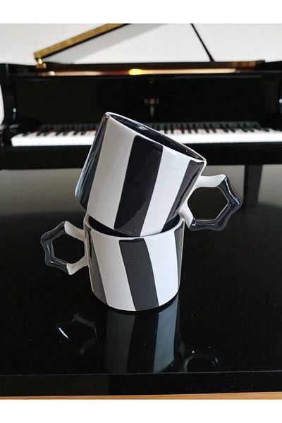 Simge Seramik 2 Pcs Handcrafted Stripe Two Colors Natural Ceramic Mug Mug Tea / Cappuccino Cup