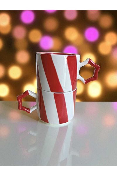 Simge Seramik 2 Pcs Handcrafted Stripe Two Colors Natural Ceramic Mug Mug Tea / Cappuccino Cup