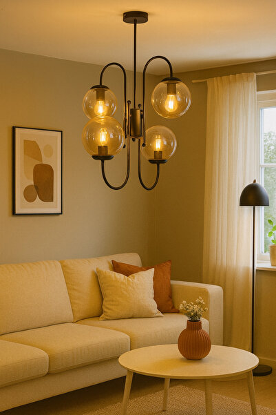 Modavize Rüya Modern Tasarım Salon Yemek Odası Mutfak Siyah Renk Bal Camlı Sarkıt 4 Lü Avize