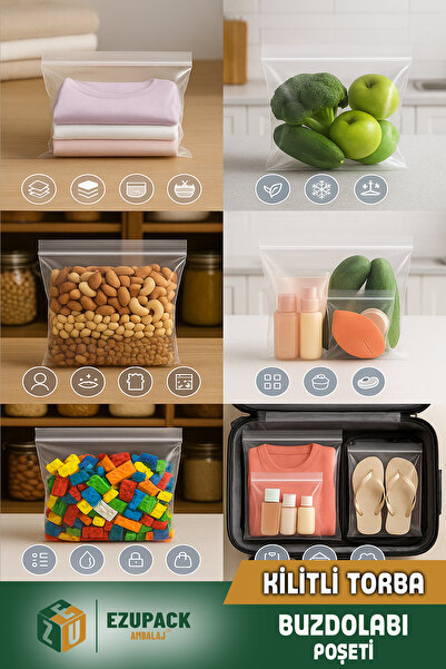 Ezupack 100'lü Buzdolabı Kilitli Torba Poşet Dondurucu İkramlık Çerez Davet Kına Hediyelik Poşeti 23x31cm