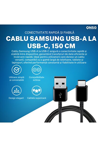 Samsung Cablu USB-A la USB-C, 1,5 m, încărcare rapidă, transfer de date, negru