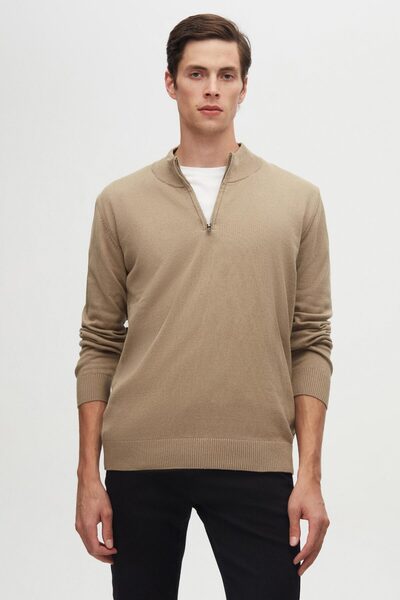 D'S Damat Ds Damat Slim Fit Bej Yarım Fermuarlı Triko Kazak