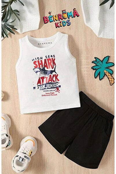 BENROMA Shark Attack Shark Printed Shorts Tee Unisex Children's Set