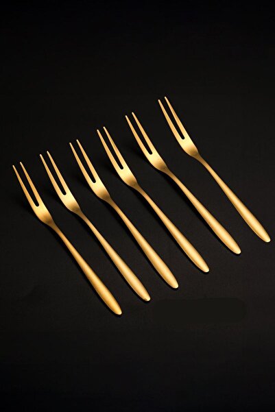 Chavin 304 Steel 6 Pieces Gold 13 cm Two Teeth Fruit Dessert and Cake Fork Cin576Sr-6