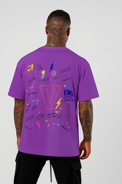 BENROMA In Cart 6 and Above Purchases Get 1 T-Shirt as a Gift - V Printed Oversize White T-Shirt