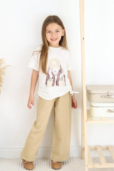 ESİLA KİDS Girl's Suit Hat Girl Printed T-Shirt and Beige Wide Leg Pants Bottom and Top Suit 6-13 Years
