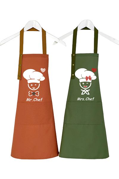 Hulganz Kitchen Apron Set of 2 Stain-Proof Water Repellent Fabric Chef Apron with Dowry Pocket Khaki & Brick Color Apron