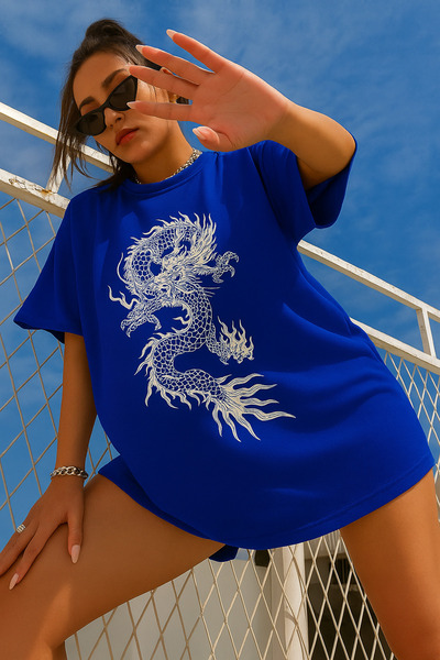 E-ROMA تي شيرت كبير الحجم بطبعة تنين