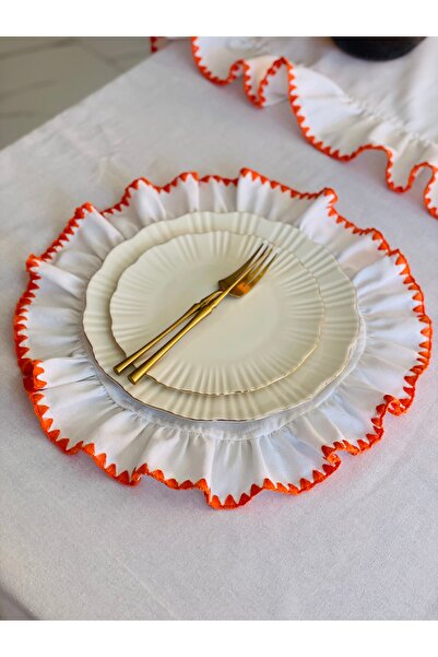 HOME OF BLOSSOM 4-Piece White Linen Orange Edge Detailed Ruffle Service