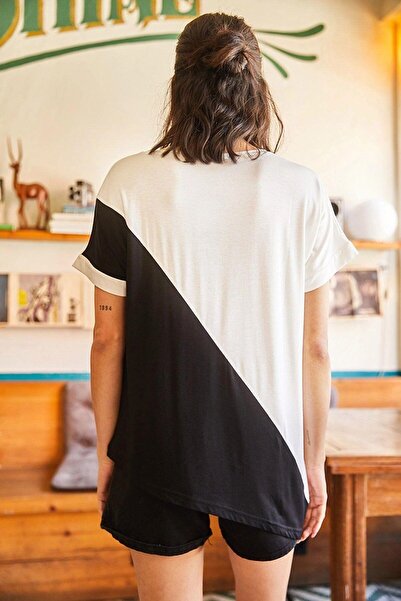 NEW LAVİVA Γυναικεία μαύρη στρογγυλή λαιμόκοψη, κοντό μανίκι, διπλό χρώμα, υψηλής ποιότητας ύφασμα άνετη εφαρμογή, μπλούζα κανονικού μεγέθους.