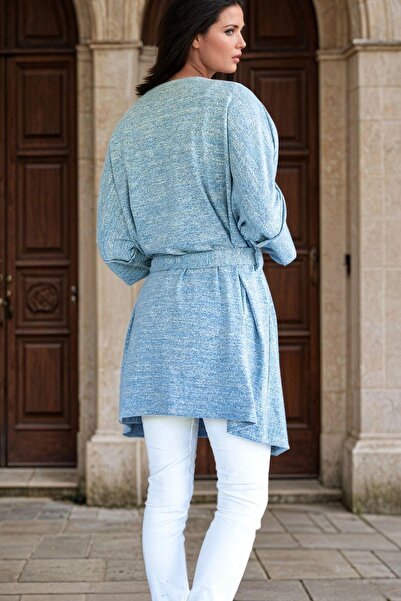 NEW LAVİVA Mavi Rahat Kesim, Kuşak Ve Cep Detaylı, İnce Triko Hırka