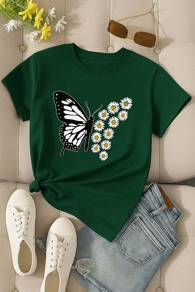 BENROMA 1 tricou este un cadou pentru achiziții de 6 și mai sus în coș - Tricou oversize unisex cu imprimeu fluture margaretă