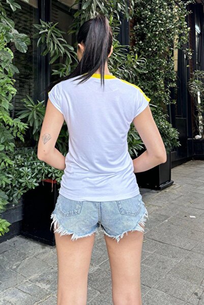 NEW LAVİVA White Color Block T-Shirt Blouse - Shoulder and Collar Detail, Short Sleeve